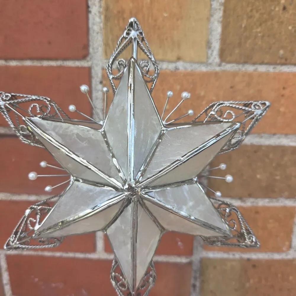 Vintage Capiz Shell Star Christmas Tree Topper Silver Filigree Pearl 11